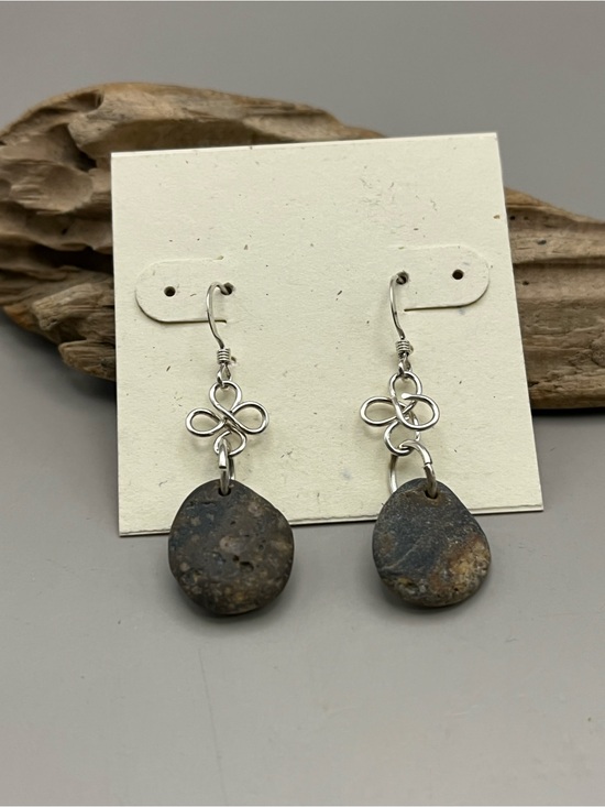Artisan Jewelry - Handmade Sterling Silver Celtic Knot Natural Beach Stone Dangle Earrings